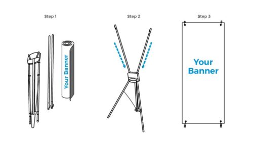 Portable X-banner stand with promotional banner installation on how to