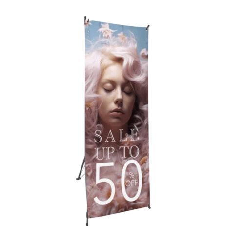 X-banner stand with printed display banner for trade shows