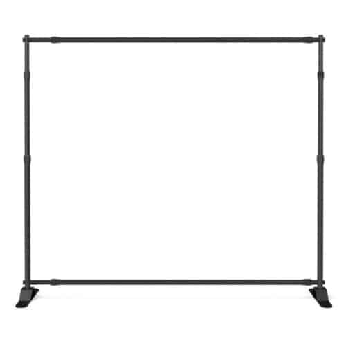 Professional 1.625 inch large tube backdrop frame for step and repeat displays. Heavy-duty black aluminum telescoping stand with weighted steel feet for maximum stability.