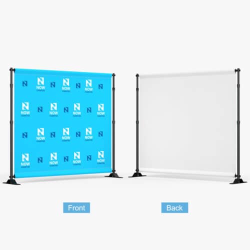 Split-screen view of a professional step and repeat backdrop. The left side shows the custom branded front. The right side shows the clean white back, heavy-duty 1.625 inch large tube hardware, and weighted feet for stability.