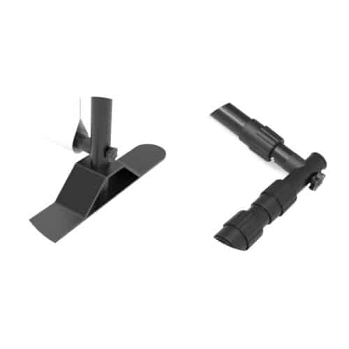 Close-up of step and repeat backdrop hardware showing the top locking collars and the bottom heavy-duty steel base with pole pocket graphic installation.