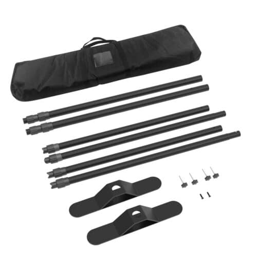 Complete professional step and repeat backdrop hardware kit with 1.625 inch telescoping poles, heavy steel feet, and padded carry bag.